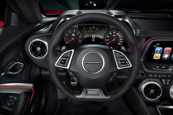 The driver-focused interior of the Camaro ZL1 features standard Recaro front seats, along with a sueded flat-bottom steering wheel and shift knob. Chevrolet’s Performance Data Recorder is available, and allows drivers to record, share and analyze driving experiences on and off the track.